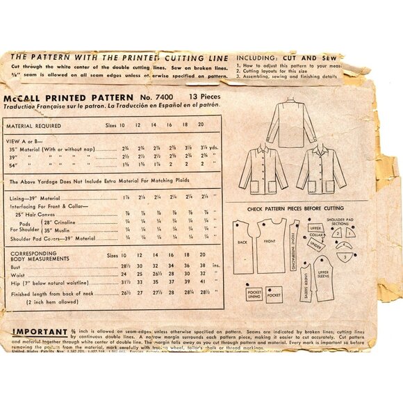 Vintage McCall Printed Pattern 7400 Womens Jacket Sewing Pattern 1940's Size 14 - Picture 2 of 4